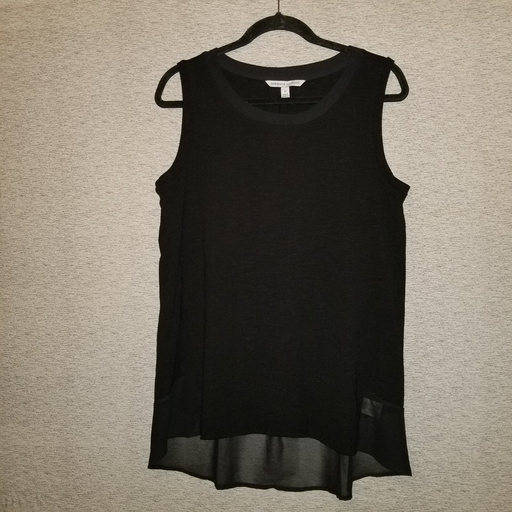 Adrienne Vittadini Black Sleeveless Tank Blouse Mixed Media Top Sheer Hem Medium